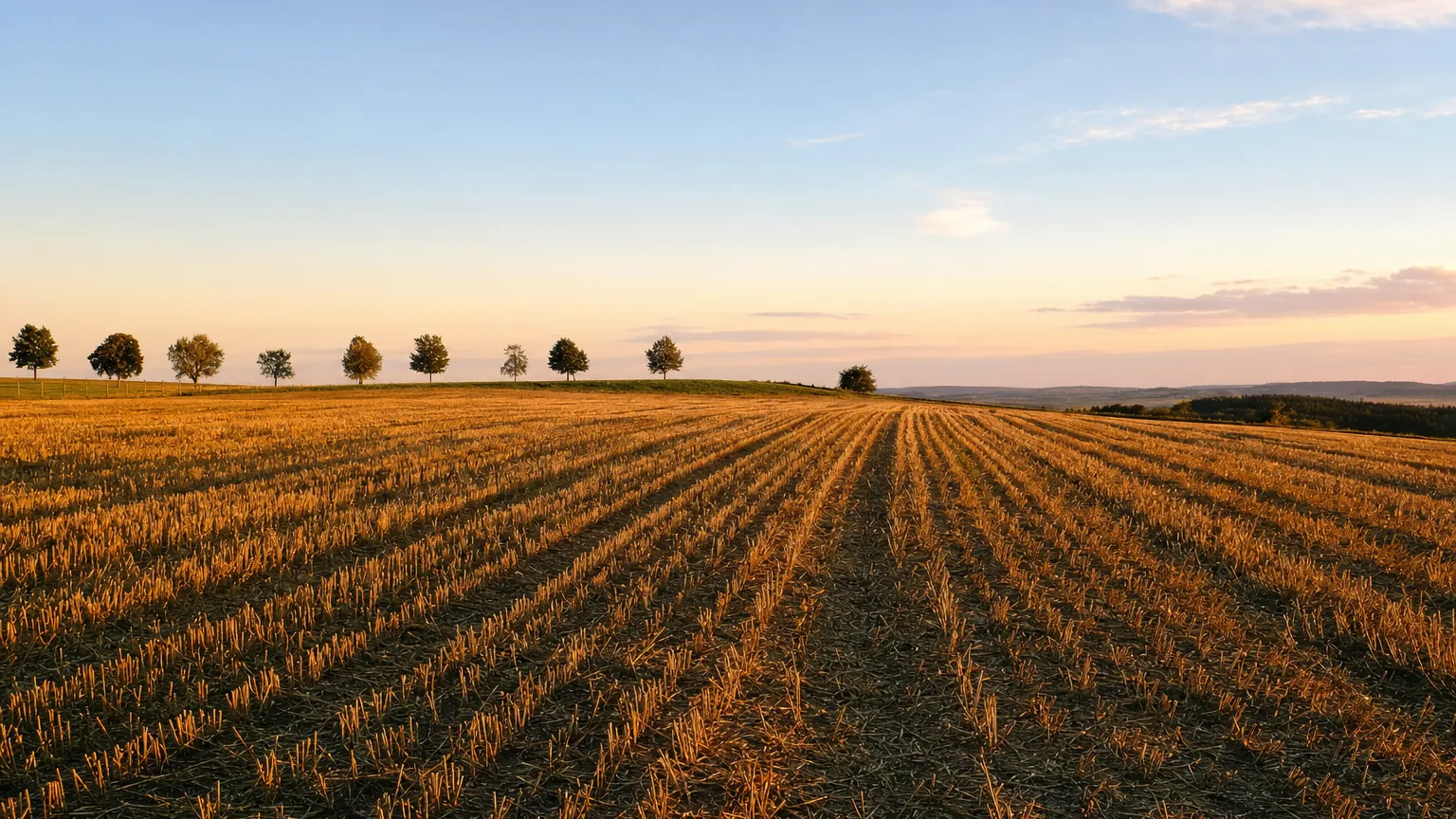 Abgeerntetes Feld am Augustabend: die Sonne geht schon deutlich früher unter als im Juni. (mit AI erstelltes Bild)