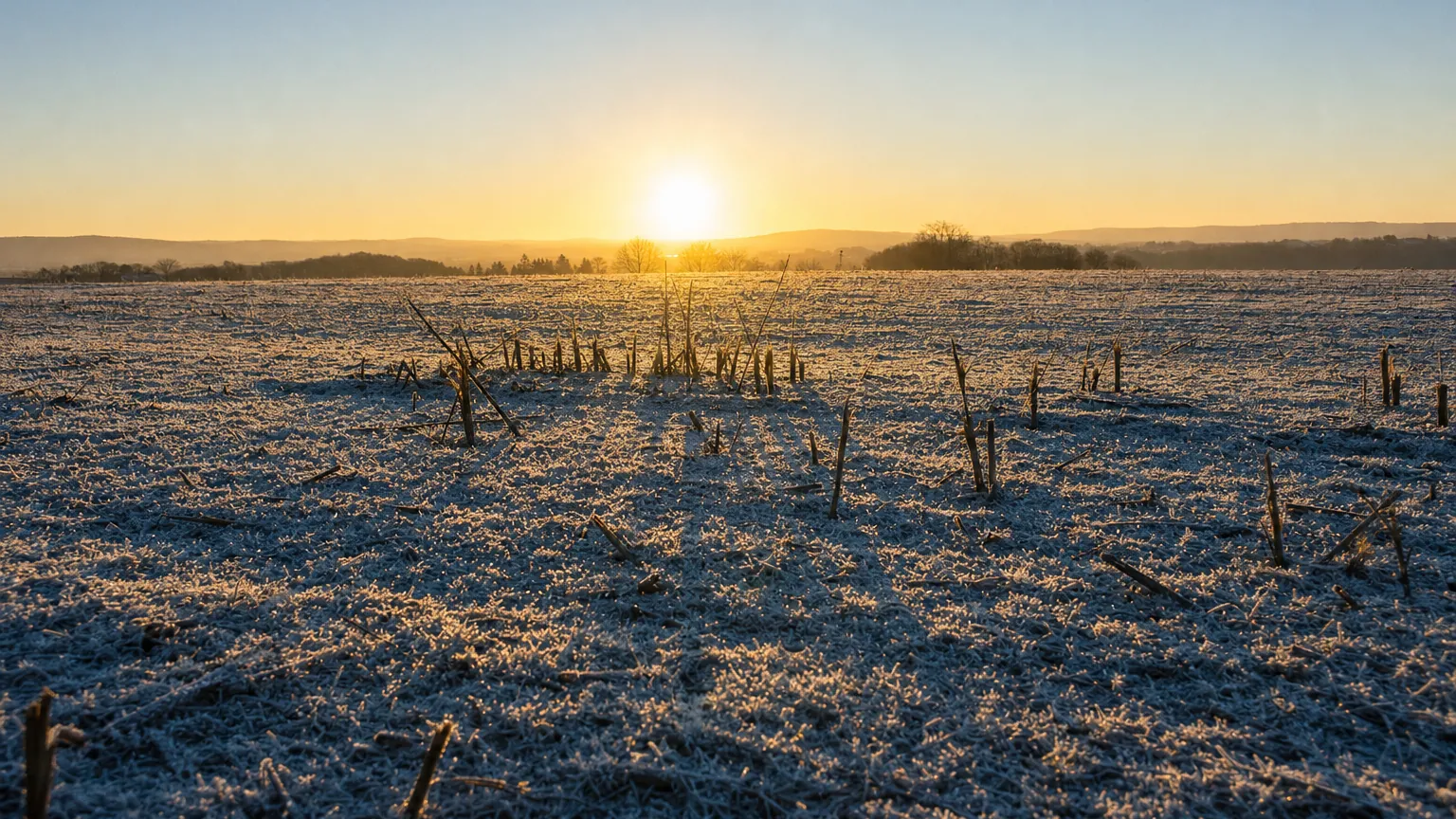 Tiefstehende Januarsonne über Frost: die Erde steht der Sonne jetzt am nächsten und läuft am schnellsten. (mit AI erstelltes Bild)